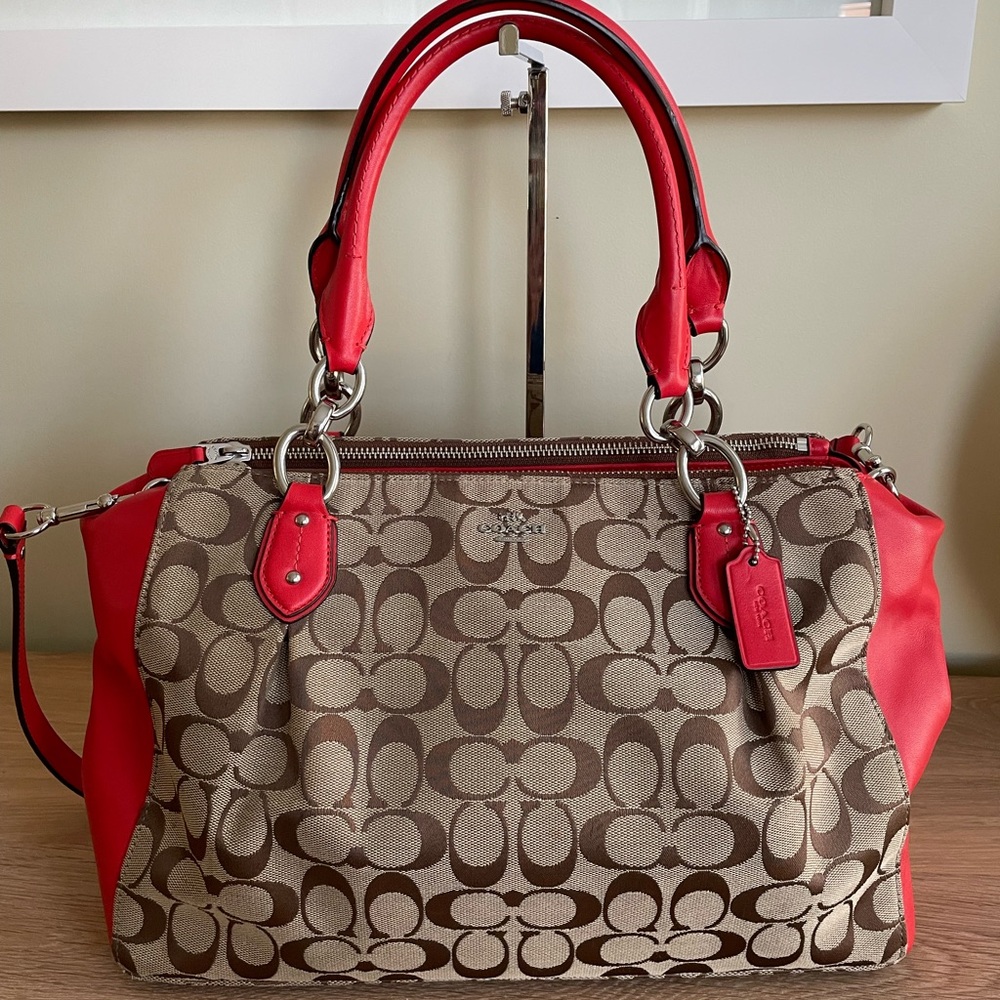 COACH F36376 SIGNATURE COLETTE CARRYALL RED TAN BROWN SHOULDER SATCHEL CROSSBODY